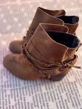 Women’s Tan Suede Ankle Booties with Braided Wrap